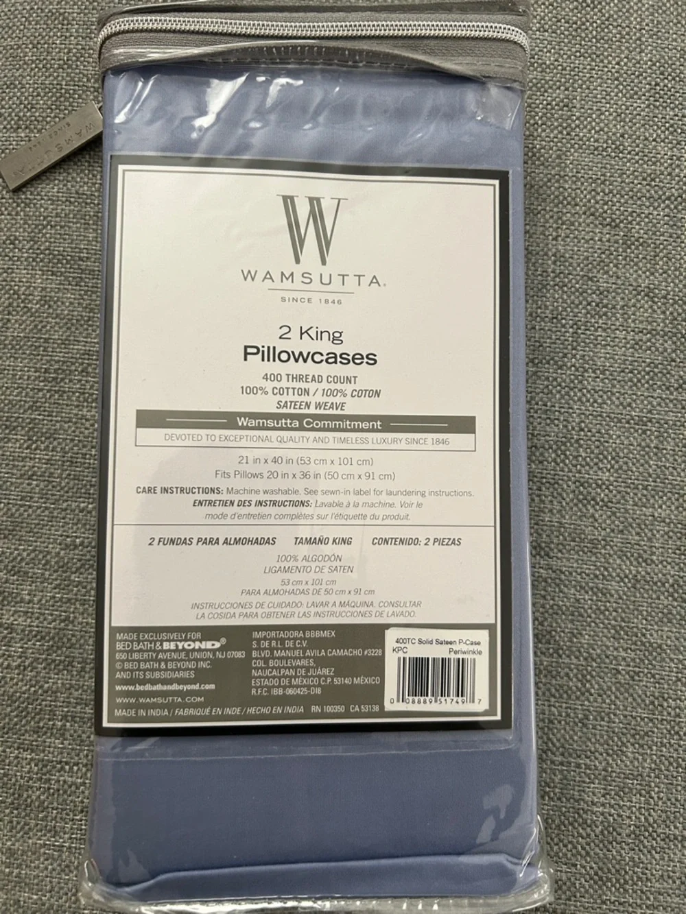 Wamsutta 400 Thread Count 100% Cotton Set Two Pillowcases Light Blue Periwinkle